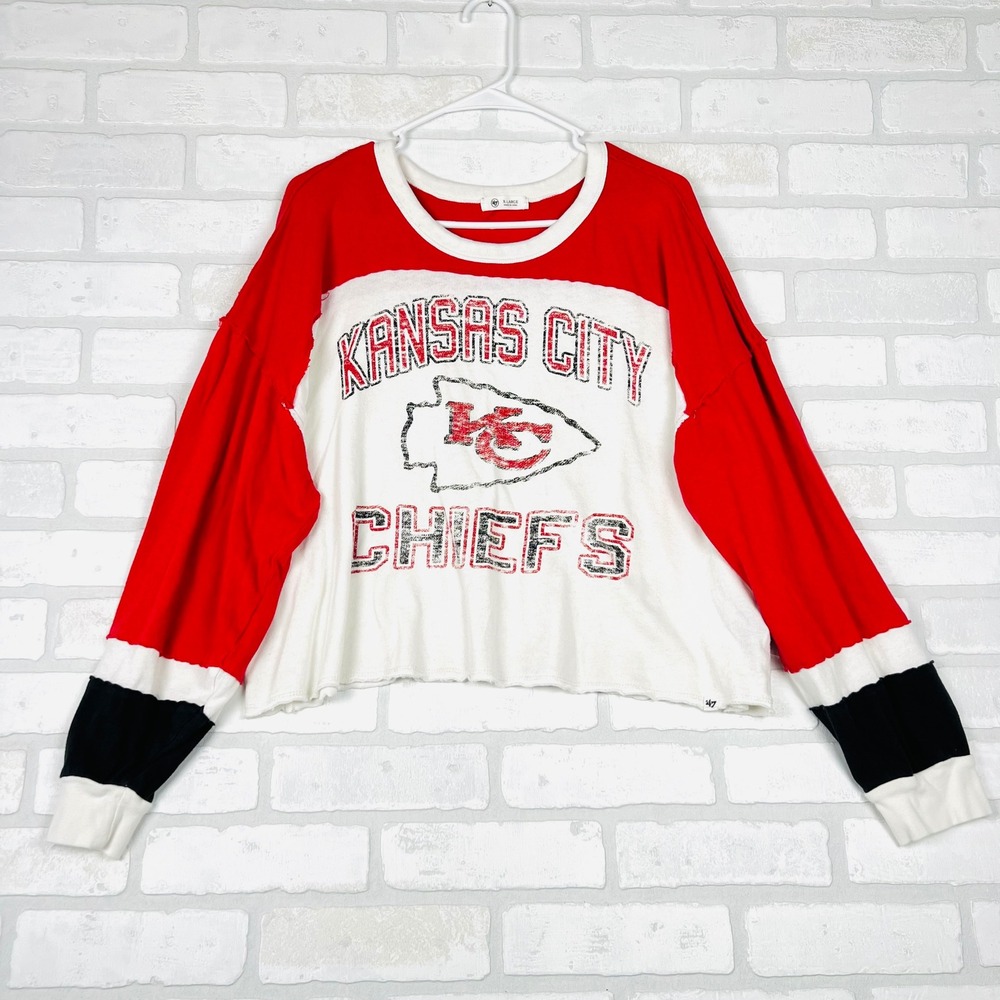 47 Brand Kansas City Chiefs Cropped Long Sleeve Colorblock Shirt Red White XL - Picture 2 of 16